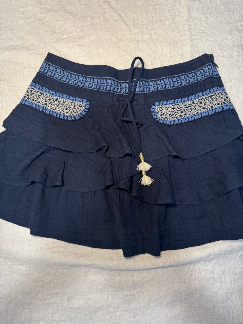 Juicy Couture Navy Tiered Ruffle Mini Skirt with embroidery and tassel detail